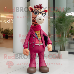 Magenta Giraffe mascot costume character dressed with a Chinos and Eyeglasses