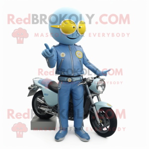 Sky Blue Lemon mascot costume character dressed with a Moto Jacket and Bracelet watches