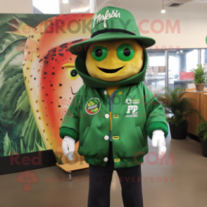 Forest Green Fish Tacos mascot costume character dressed with a Windbreaker and Hats