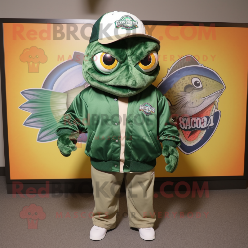 Forest Green Fish Tacos mascot costume character dressed with a Windbreaker and Hats