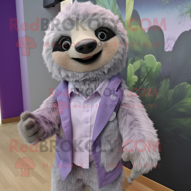 Lavender Sloth mascot costume character dressed with a Suit Jacket and Hair clips