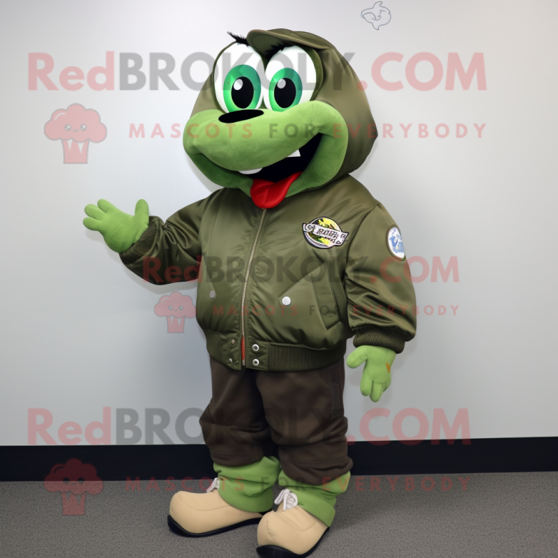 Green Cod mascot costume character dressed with a Bomber Jacket and Shoe clips