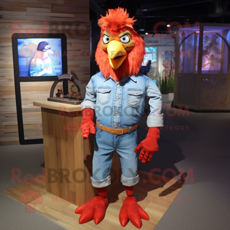 Red Fried Chicken mascot costume character dressed with a Chambray Shirt and Anklets