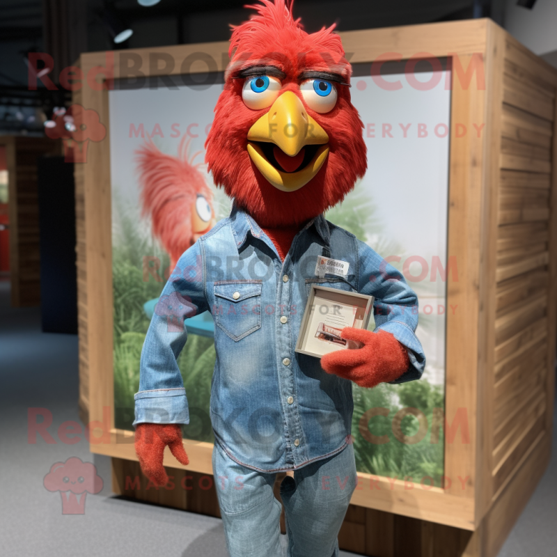 Red Fried Chicken mascot costume character dressed with a Chambray Shirt and Anklets