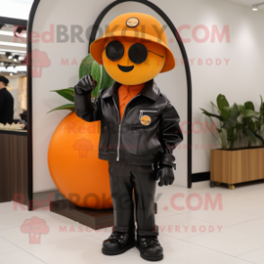 Orange Plum mascot costume character dressed with a Leather Jacket and Hats