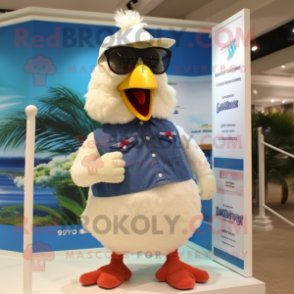 Cream Chicken mascot costume character dressed with a Bermuda Shorts and Eyeglasses