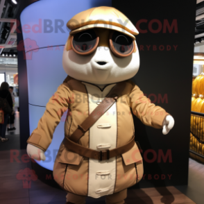 Tan Dim Sum mascot costume character dressed with a Leather Jacket and Berets