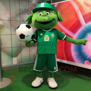 Forest Green Soccer Ball mascot costume character dressed with a Bermuda Shorts and Hat pins