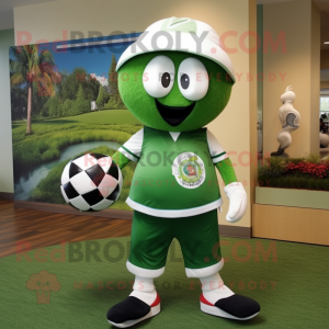 Forest Green Soccer Ball mascot costume character dressed with a Bermuda Shorts and Hat pins