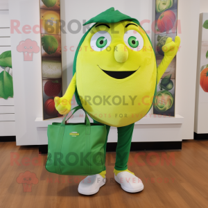 Forest Green Lemon mascot costume character dressed with a Capri Pants and Tote bags