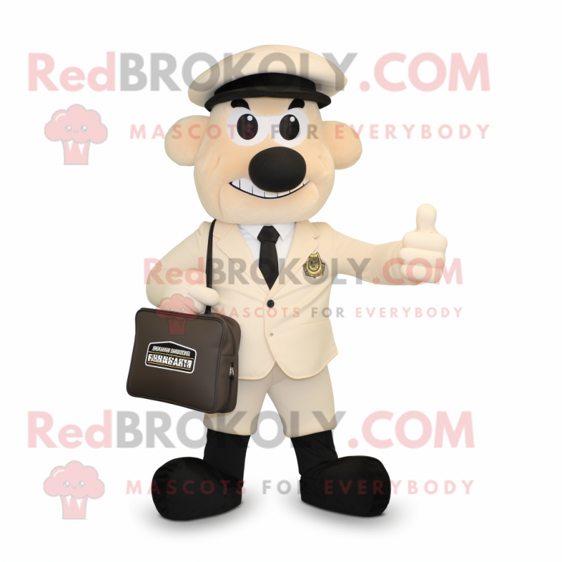 Cream Commando mascot costume character dressed with a Suit Jacket and Clutch bags