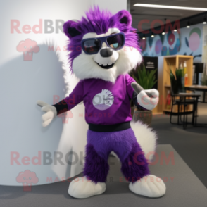 Purple Skunk mascot costume character dressed with a Jeans and Eyeglasses