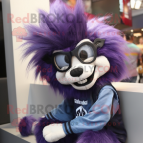 Purple Skunk mascot costume character dressed with a Jeans and Eyeglasses