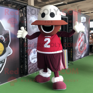Maroon Soccer Goal mascot costume character dressed with a Shorts and Hat pins