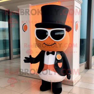 Peach Chocolates mascot costume character dressed with a Tuxedo and Sunglasses