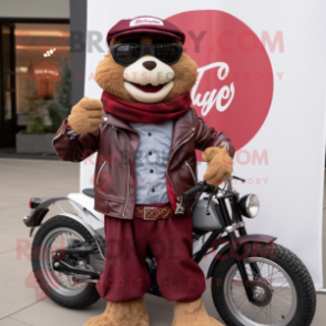 Maroon Marmot mascot costume character dressed with a Biker Jacket and Bow ties