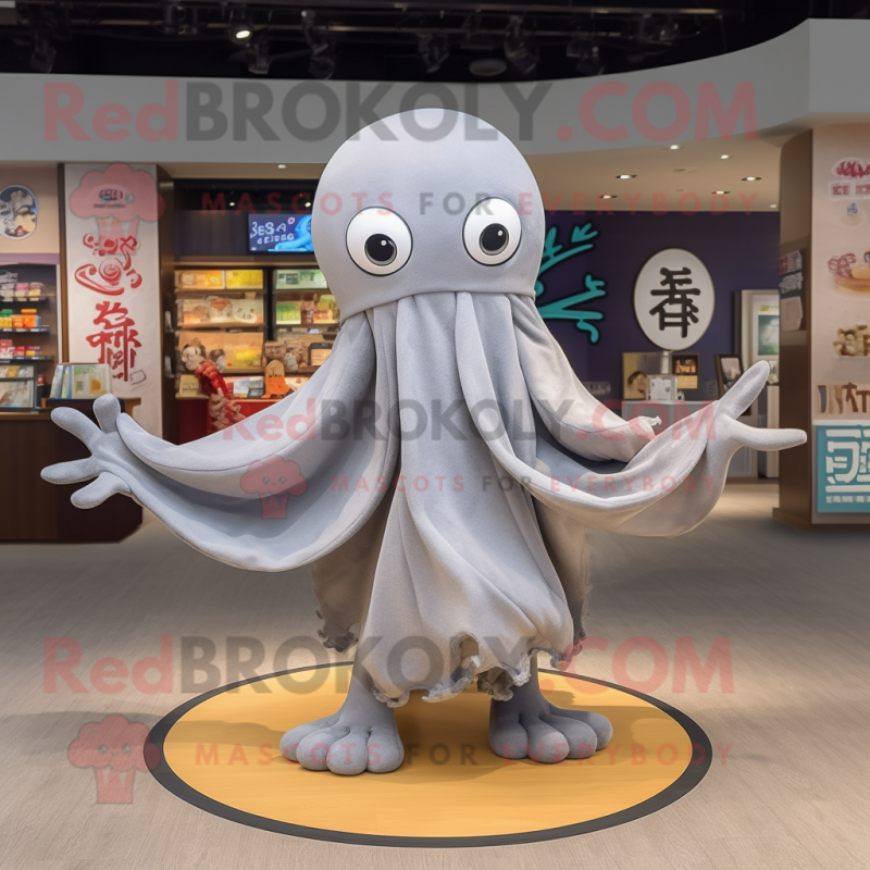 Gray Octopus mascot costume character dressed with a Long Sleeve Tee and Shawls