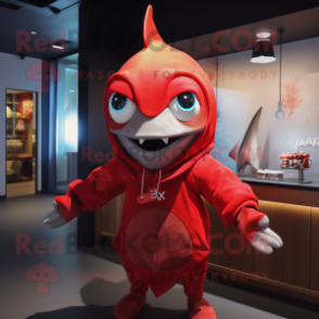 Red Swordfish mascot costume character dressed with a Hoodie and Earrings