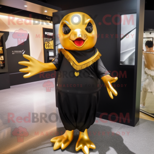 Gold Blackbird mascot costume character dressed with a V-Neck Tee and Hair clips