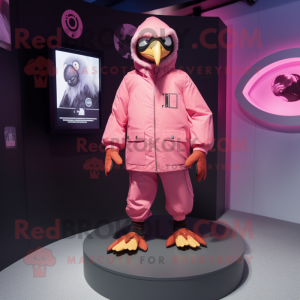 Pink Crow mascot costume character dressed with a Parka and Rings