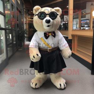 Cream Spectacled Bear mascot costume character dressed with a Mini Skirt and Shoe clips