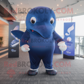 Navy Blue Whale mascot costume character dressed with a Turtleneck and Foot pads