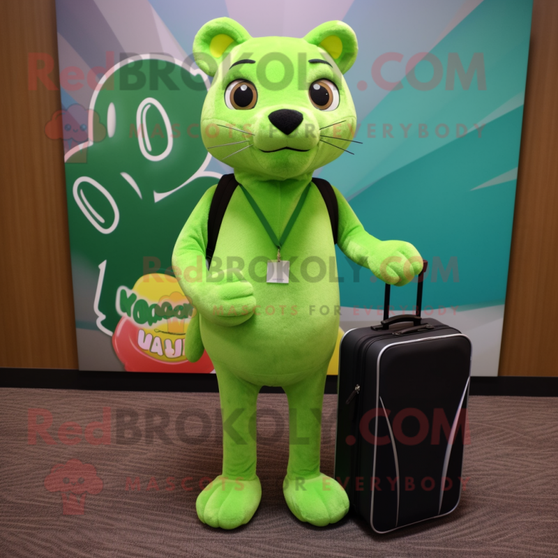 Lime Green Jaguarundi mascot costume character dressed with a Sweater and Briefcases