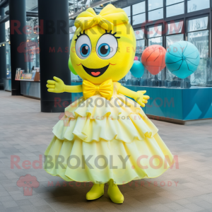 Lemon Yellow Mermaid mascot costume character dressed with a Ball Gown and Bow ties