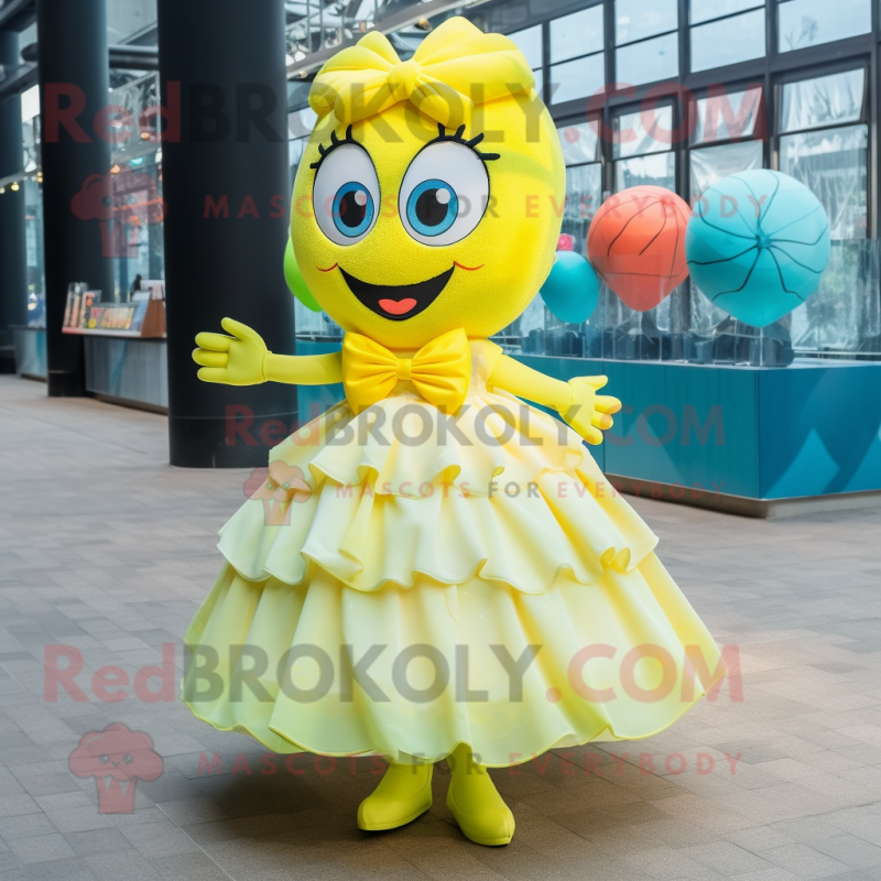 Lemon Yellow Mermaid mascot costume character dressed with a Ball Gown and Bow ties