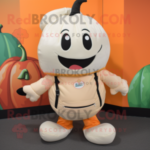 Cream Pumpkin mascot costume character dressed with a Turtleneck and Backpacks