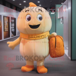 Cream Pumpkin mascot costume character dressed with a Turtleneck and Backpacks