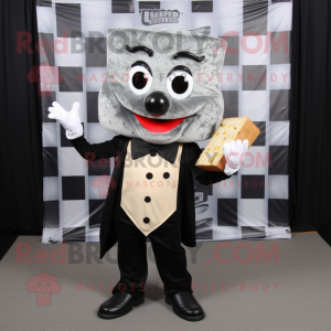 Silver Grilled Cheese Sandwich mascot costume character dressed with a Tuxedo and Cummerbunds