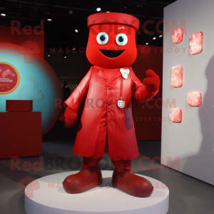 Red Candy Box mascot costume character dressed with a Coat and Cufflinks