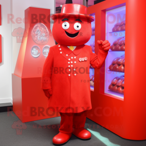 Red Candy Box mascot costume character dressed with a Coat and Cufflinks