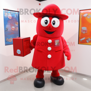 Red Candy Box mascot costume character dressed with a Coat and Cufflinks