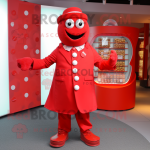 Red Candy Box mascot costume character dressed with a Coat and Cufflinks