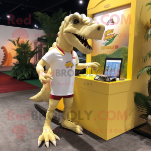 Cream Spinosaurus mascot costume character dressed with a Running Shorts and Lapel pins