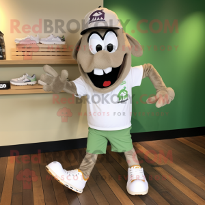 Olive Beef Stroganoff mascot costume character dressed with a Henley Tee and Shoe laces