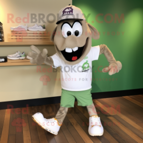 Olive Beef Stroganoff mascot costume character dressed with a Henley Tee and Shoe laces