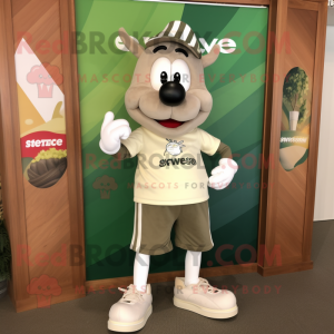 Olive Beef Stroganoff mascot costume character dressed with a Henley Tee and Shoe laces