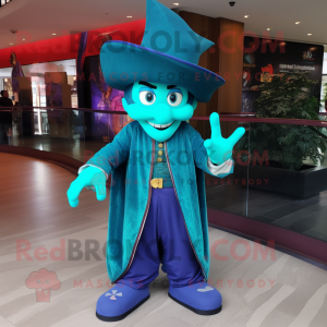 Turquoise Magician mascot costume character dressed with a Jeans and Shoe laces