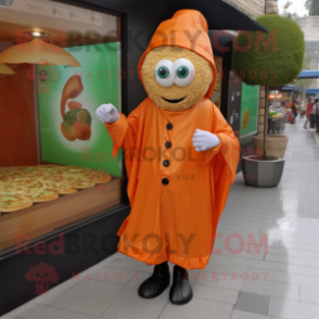 Orange Falafel mascot costume character dressed with a Raincoat and Earrings
