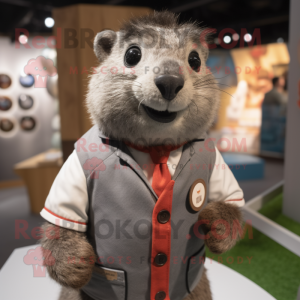 Gray Marmot mascot costume character dressed with a Button-Up Shirt and Lapel pins