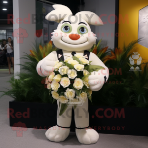 Cream Bouquet Of Flowers mascot costume character dressed with a Vest and Bracelet watches