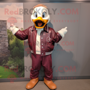 Maroon Geese mascot costume character dressed with a Leather Jacket and Ties