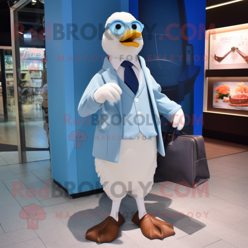 Sky Blue Gull mascot costume character dressed with a Dress Shirt and Wallets