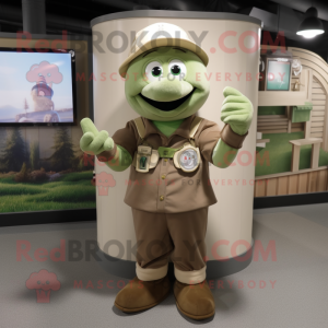 Tan Green Beer mascot costume character dressed with a Overalls and Bracelet watches