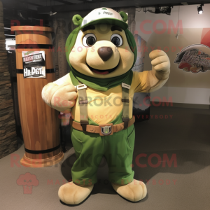 Tan Green Beer mascot costume character dressed with a Overalls and Bracelet watches