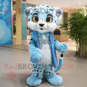 Sky Blue Cheetah mascot costume character dressed with a Chinos and Wraps