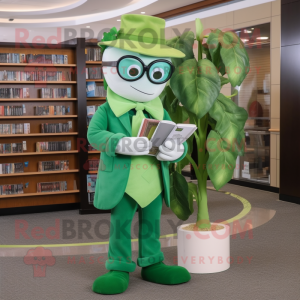 Green Beanstalk mascot costume character dressed with a Dress Pants and Reading glasses